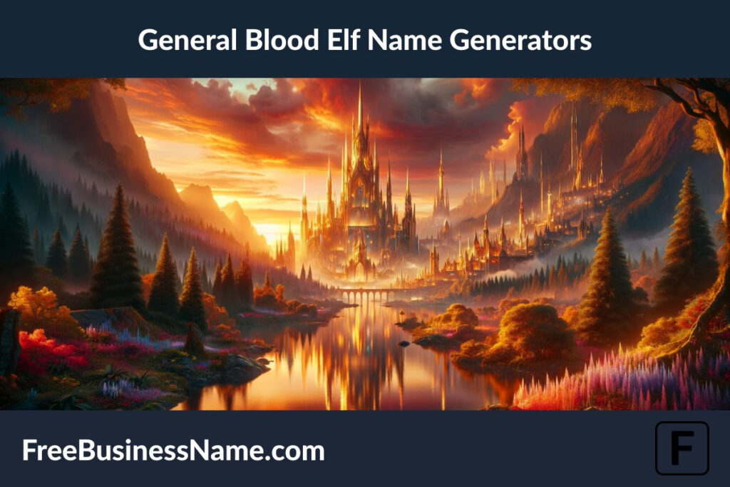 Here is the cinematic image inspired by the concept of Blood Elves. It depicts a majestic golden city at sunset, surrounded by a lush forest and a mirror-like river reflecting the scene. Feel free to view the image above.