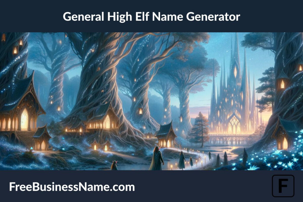 Here is the cinematic image inspired by the High Elf Name Generator, set in a magical elf kingdom.