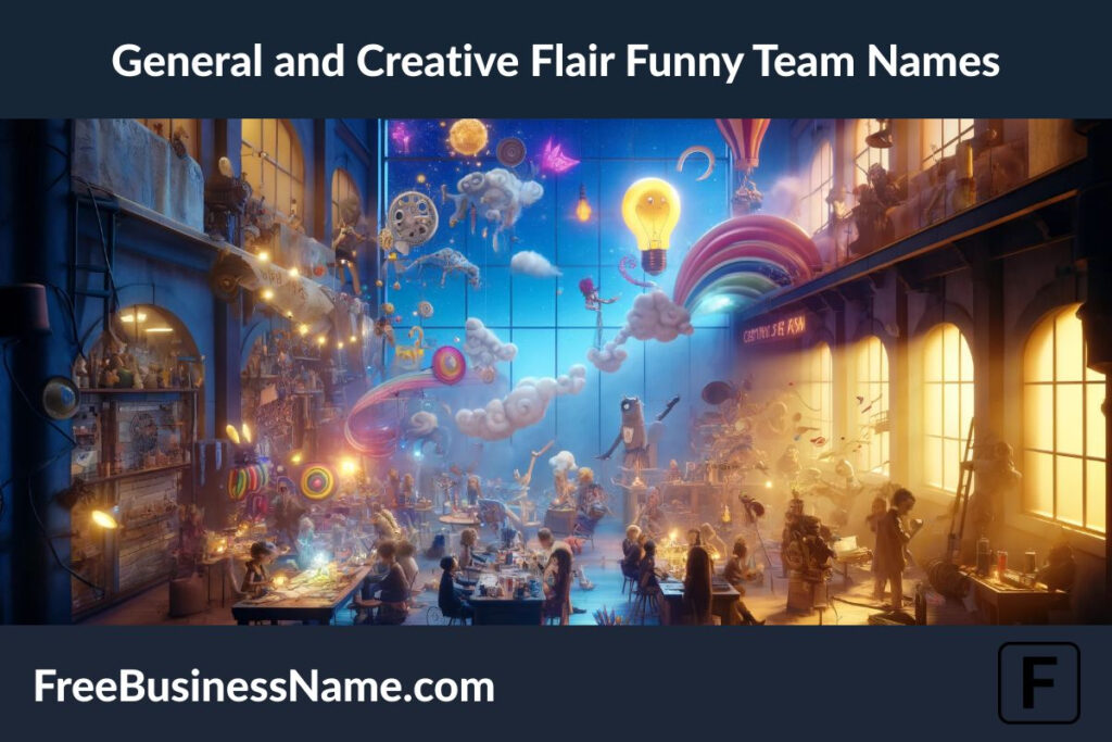 The image capturing the essence of general creativity and humorous flair, set in a whimsical workshop of innovation and collaboration, is ready for your viewing.
