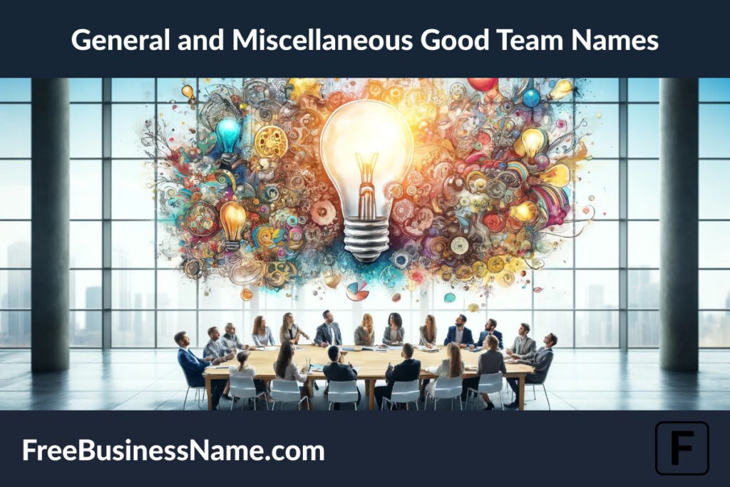 the cinematic image inspired by the "General and Miscellaneous Good Team Names" theme. The scene showcases a group of diverse individuals engaged in a vibrant brainstorming session, surrounded by abstract representations of creative ideas.