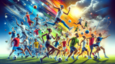 a cinematic image inspired by the concept of good team names, showcasing a vibrant and dynamic sports setting. The scene captures a diverse group of athletes in various sports activities, emphasizing teamwork and camaraderie.