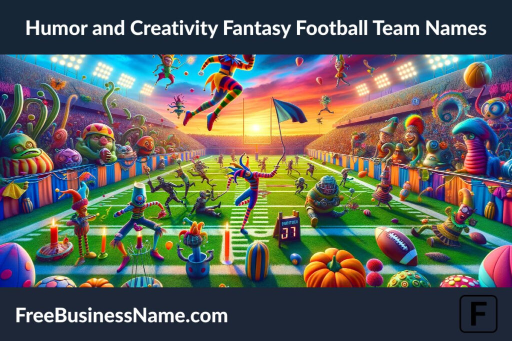 a playful and vibrant scene inspired by the Humor and Creativity Fantasy Football Team Names. This image captures the essence of whimsy and imagination that such team names evoke.
