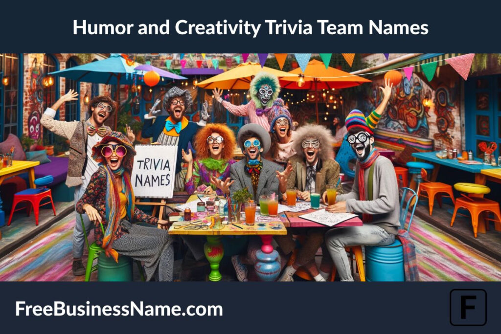 the cinematic image inspired by humor and creativity in trivia team settings. It captures a lively brainstorming session at an outdoor cafe.