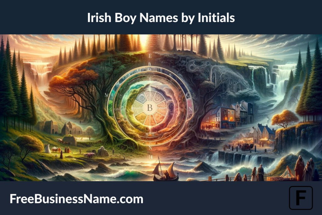 the cinematic image inspired by Irish boy names by initials, creatively portraying different sections of an Irish landscape to symbolize various initials through natural and cultural themes.