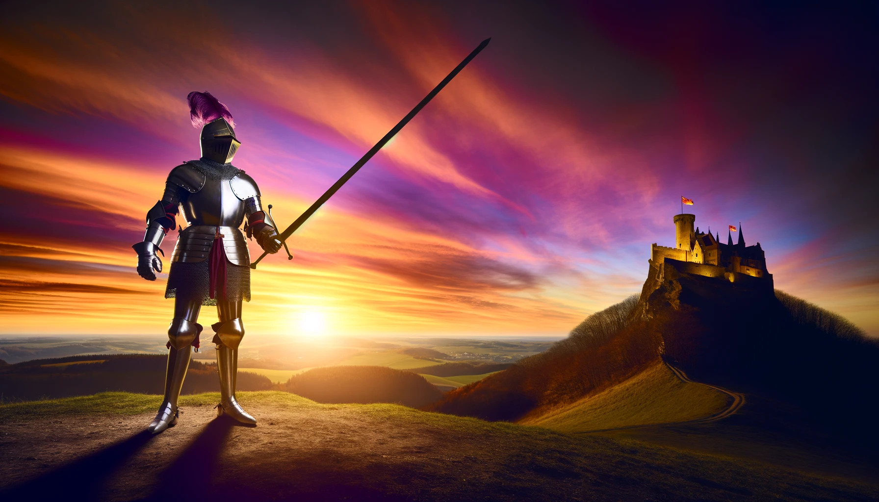 Here's a cinematic image inspired by knightly valor and medieval epics, capturing the essence of chivalry and adventure at a dramatic sunset. Let the scene transport you to a time of noble quests and grand castles.