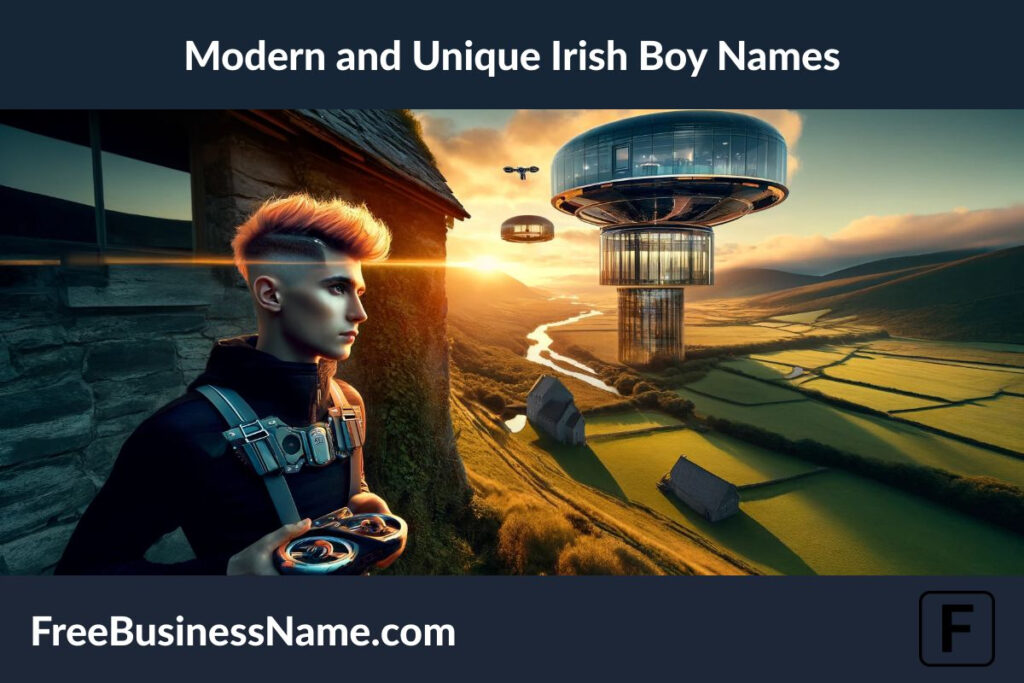 the cinematic image inspired by modern and unique Irish boy names, showcasing a futuristic landscape with a blend of traditional and contemporary elements.