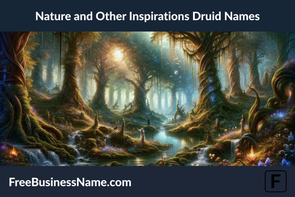 an image that brings to life the essence of nature and other inspirations behind druid names, set within an ethereal forest that serves as a sanctuary for the mystical connection between druids and the natural world.