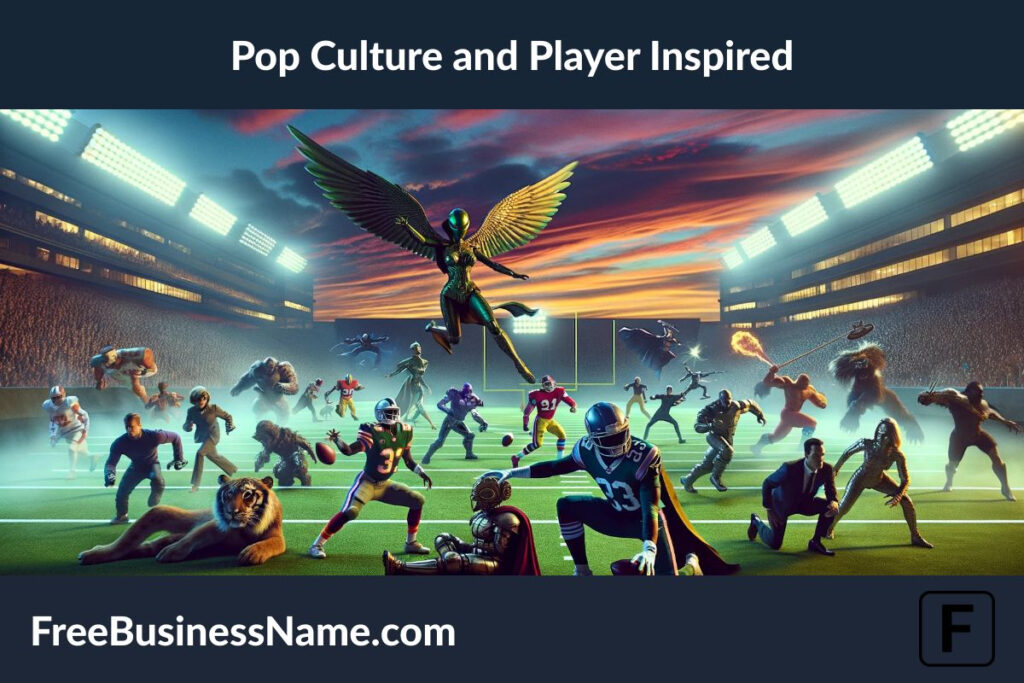 The cinematic scene inspired by the Pop Culture and Player Inspired Fantasy Football Team Names has been created. It blends the essence of popular culture with sports icons in a fantasy setting, capturing an electrifying moment of convergence between various realms.