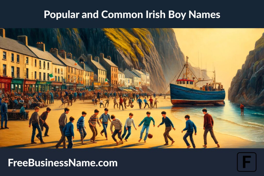 the cinematic image inspired by popular and common Irish boy names, depicting a lively beach scene in a bustling seaside town in Ireland.