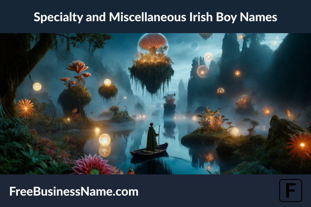 the cinematic image inspired by specialty and miscellaneous Irish boy names, depicting a surreal and mystical scene set in a hidden part of Ireland.
