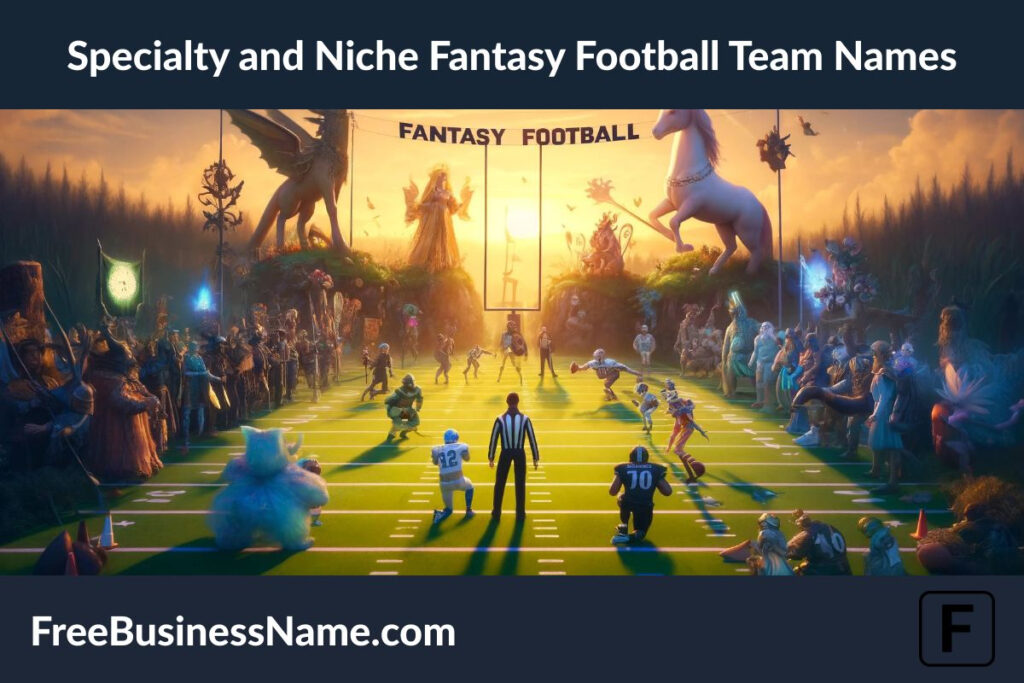 The cinematic image inspired by the Specialty and Niche Fantasy Football Team Names has been crafted, showcasing a whimsical and imaginative scene that brings to life the unique and diverse elements of fantasy football team names.