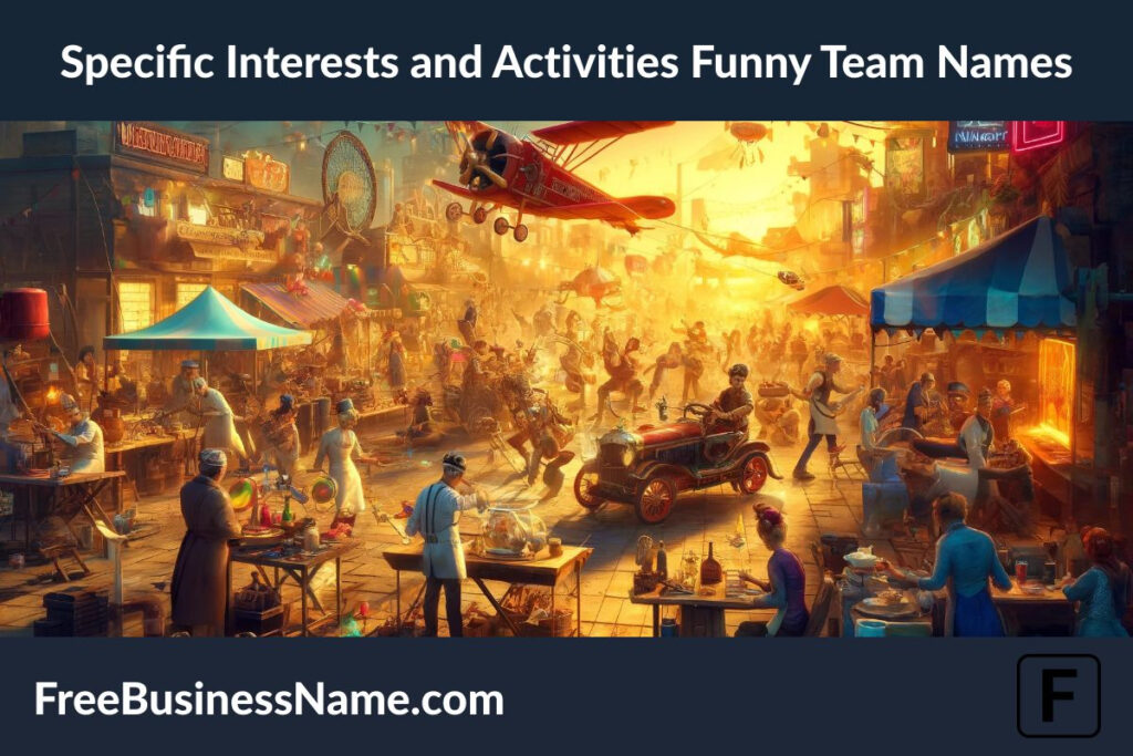 an image that brings to life a vibrant scene filled with specific interests and activities, all portrayed with a touch of humor and creativity.