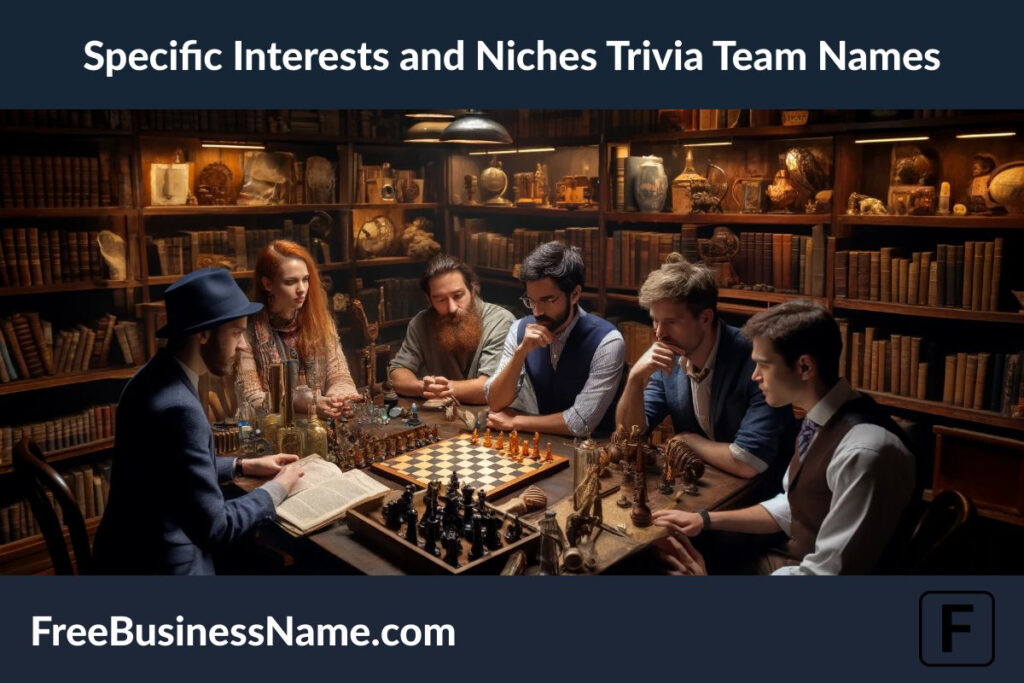 the cinematic image inspired by specific interests and niches in trivia team settings, depicting a lively discussion in a cozy library room.