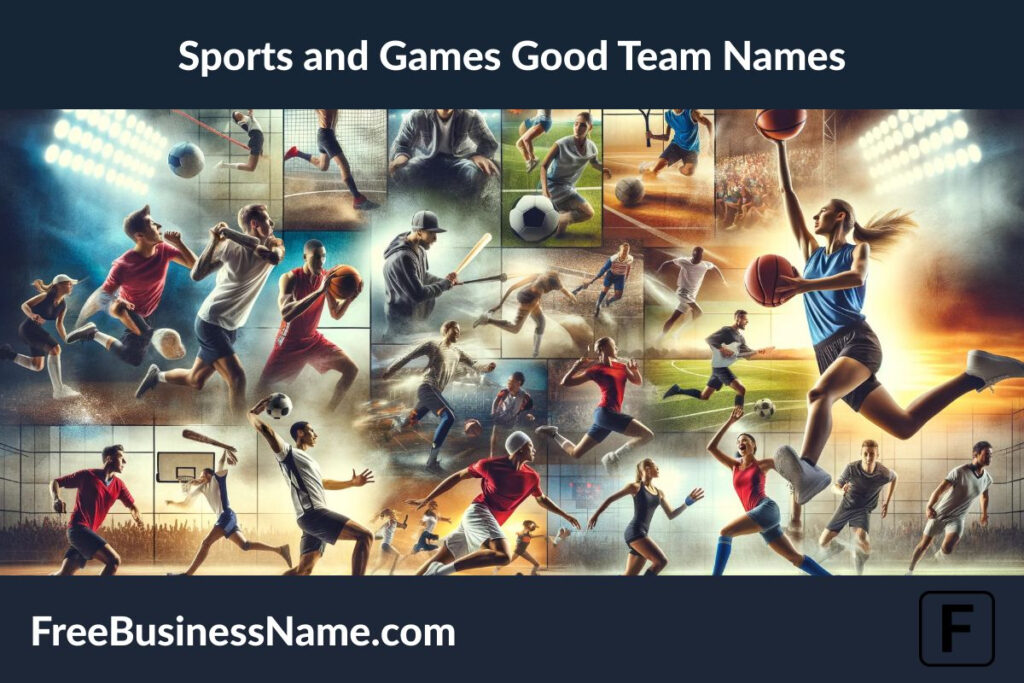 the cinematic image inspired by the "Sports and Games Good Team Names" theme. The scene features athletes in various sports, capturing the dynamic and competitive spirit of teamwork in action.