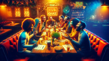the cinematic image inspired by a trivia team at a pub quiz night. It captures the lively and collaborative atmosphere of the event.