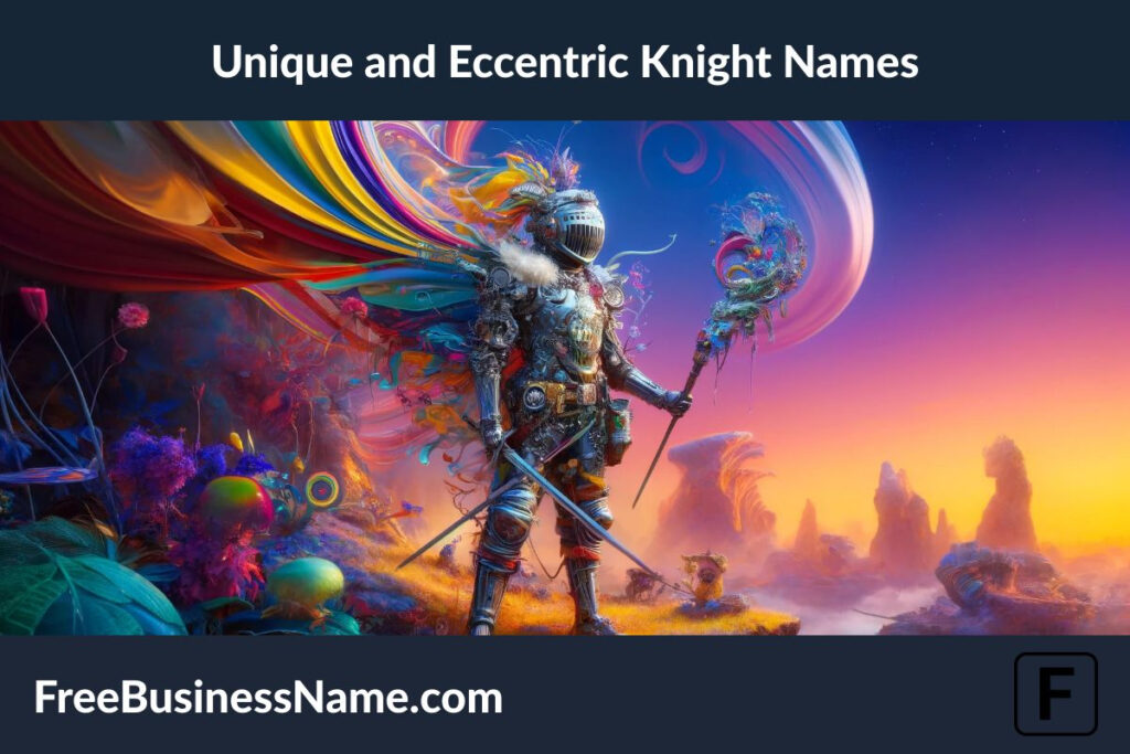 This image brings to life the concept of uniqueness and eccentricity in knighthood, portraying a knight whose gear and presence boldly defy the traditional. It's a celebration of creativity and individuality, set against a backdrop that blends the fantastical with the surreal.
